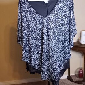 Brittany Black Lace Overlay Blouse in Black and White
